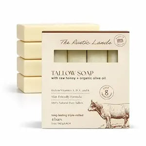 THE RUSTIC LANDS Natural Beef Tallow Soap Bars with Raw Honey & Olive Oil - Scented with Eucalyptus Essential Oil, 4 Pack (5 oz Each), Made in USA Soap for Sensitive Skin, Moisturizing Bath & Body