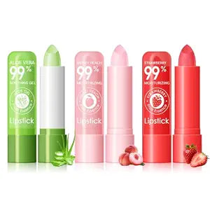 Ownest 3 Pcs Color Changing Lip Balm, Aloe Vera, Peach and Strawberry Lipstick, Deep Hydrating Tinted Lip Balm, Daily Lip Moisturizer for Dry Cracked Lips, with Real Plants and Fruits