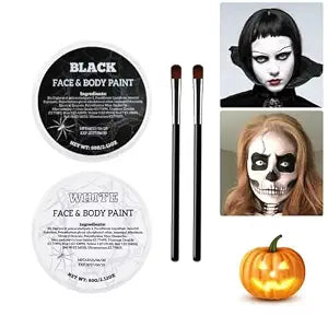 White Black Oil Face Body Paint Set, Halloween Skeleton Makeup Kit with 2 Brushes, Professional Black and White Face Painting Kit for Halloween Make Up, Sfx Makeup, Theater, Cosplay, Costume, 2 Pack