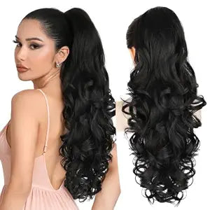 ALXNAN Long Curly Wavy Claw Clip Ponytail Extension,24" Black