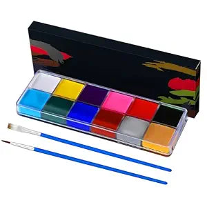 Face Painting Kit for Kids, 12 Colors Oil-Based Face Paint with 2 Brushes, Non-Toxic Halloween Makeup Kit, Professional Face Body Paint for Halloween, Parties, Carnival, School Events