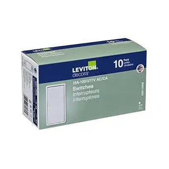 Leviton 5601-2WM 15 Amp, 120/277 Volt, Decora Rocker Single-Pole AC Quiet Switch, Residential Grade, Grounding, 10-Pack, White