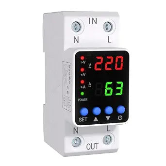 Adjustable Voltage Protector 110V/220V, 80210V Undervoltage 130300V Overvoltage, Overcurrent Protection,163A Adjustable Smart Circuit Breaker, AC DIN Rail Voltage Stabilizer(White)
