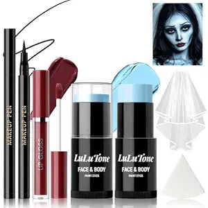 Light Blue Face Paint Kit with White Wedding Veil, Cream Blendable Waterproof Body Paint Stick for Corpse Bride Avatar Sally Blue Alien Costume Full-coverage Halloween Cosplay SFX Makeup