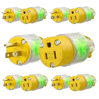 5 Sets Lighted Extension Cord Ends Replacement Plug 3 Prong 15A 125V NEMA 5-15P*NEMA 5-15R, Electrical Replacement Plug, Male and Female Extension Cord Ends, 15 Amp Plug, UL Listed,Yellow