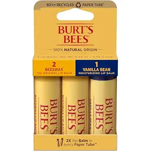 Burt's Bees Moisturizing Lip Balm, 2 Original Beeswax and 1 Vanilla Bean, 100% Natural Origin, 0.34 Ounce Each, 3 Paper Tubes, Pack May Vary