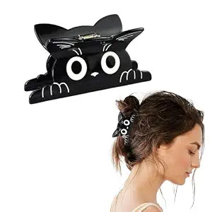Cat Hair Claw Clips - Cute Kawaii Funny Cat Style for Girls & Women, Acrylic Medium Clips for Thin Hair, Animal & Fun Fashion Hair Accessories Gift (Black)