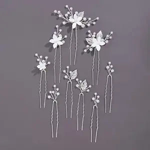 Handmade Pearl Bridal Wedding Hair Pins 9Pcs White Flower Pearls Clips Bridal Hair Accessories for Women Brides and Bridesmaid (Set-A-Silver)