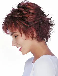 RENERSHOW Short Red Pixie Cut Wavy Wigs for White Women with Bangs Burgundy