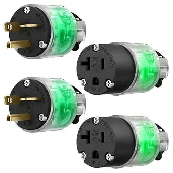 2 Set Lighted Cord End Replacement 20A 125V NEMA 5-20P*NEMA 5-20R, 2Pole 3Wire, Straight Blade, Male and Female Extension Cord Ends, Electrical Plug Replacement, UL Listed,Black