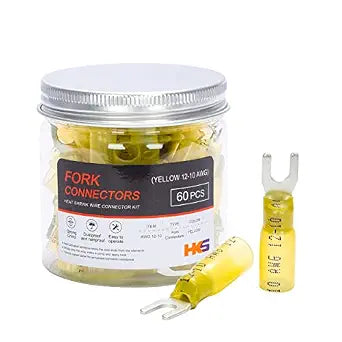 HKS 60PCS Fork Connector #10 Yellow 12-10 Gauge - Heat Shrink Spade Fork Wire Connectors Kit - Tinned Red Copper - Automotive Marine Crimp Connectors - Waterproof and Insulated Terminals