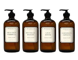 Apothecary 101 Glass Hand Soap Set, Sea Salt Verbena, Huckleberry, Lily Rose, Coconut Citrus, 16 Fl Oz Bottles, Home and Body Company