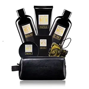 YARD HOUSE Bath and Body Spa Gift Baskets Set for Men - Sandalwood Amber - 7Pc Full Size Spa Kit in Toiletry Bag - Fathers Day Gifts For Husband, Dad From Wife, Daughter Son, Birthday Gifts For Him