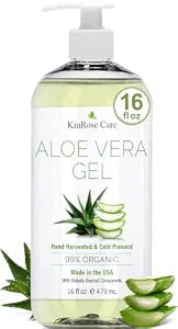 KinRose Care, 16oz Aloe Vera Gel for Face, Skin, Hair & Sunburn Relief - From Pure Organic Aloe Vera - Cold Pressed, Vegan, Unscented - Made in USA.