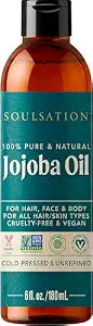 SOULSATION Pure Jojoba Oil for Skin, Hair, Face & Body 100% Natural, Cold Pressed, Unrefined | Non-GMO, EWG Verified, Cruelty-Free, Vegan Moisturizing Oil for Dry Skin, Scalp & Beard 6oz