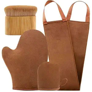 FUNAN Self Tanning Applicator Kit with Tanning Glove for Self Tan Mitt, Back Lotion Applicator, Mini Mitt and Ultra Soft Self Tanner Brush Bamboo Kabuki Brush, Brown