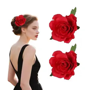 2 Pack Red Rose Hair Clips with Leaves Rose Fabric Pin Brooch Mexican Flowers for Hair Cute Handmade Floral Accessories for Hawaii Wedding Decoration