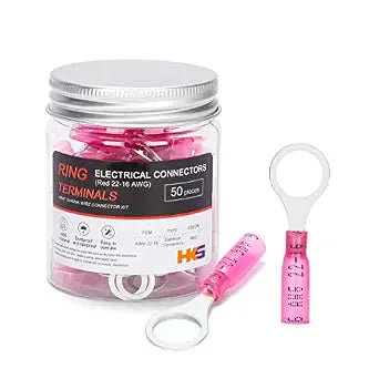 HKS 50 PCS Ring Terminals 3/8" Red 22-16 AWG - M10 - Electrical Connectors - Heat Shrink Wire Connector Kit - Tinned Red Copper - Automotive Marine Ring Connectors - Waterproof and Insulated