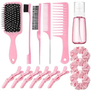 15 Pcs Slick Back Hair Brush Set, Bristle Hair Brush with Spray Bottle,Hair Clip,Edge Brush for Women, Men(Pink)