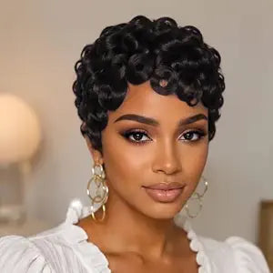 Short Pixie Cut Wig for Women Curly Wave 1B Color Pixie Wigs Layered Wave None Lace Front Glueless Wigs Throw On and Go Wig