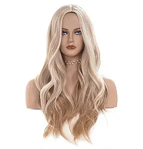 26 Inches Light Blonde Mix Strawberry Blonde Wigs for Women Long Wavy Middle Part Wig Natural looking Synthetic Fluffy Hair for Cosplay,Halloween,Daily Use