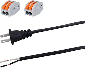 AC Power Pigtail 2 Prong 18AWG, Replacement Cable 120V Wall Plug, 3ft Polarized Cord Black, Open End 10A, Flat Wire 1200W at 120VAC