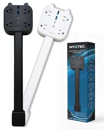Electric Outlet Extender, Plug Extension Outlet Stick for Behind The Couch Socket - 360 Rotatable, 4 AC Outlets, 2 USB-A & 2 USB-C Ports, 18"- 27" Adjustable - Black