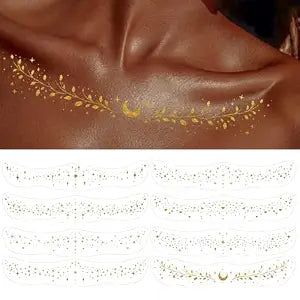 8Pcs Gold Collarbone Glitter Freckles Tattoos for Beaches Bars and Concerts
