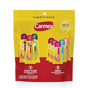 Carmex Daily Care and Daily Care Minis Moisturizing Lip Balm Pack, SPF 15, Multi-Flavor Lip Care Variety Pack Bag, 8 Count (3 Tubes, 5 Mini Tubes)