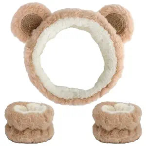 Face Wash Headband with Wrist Towels - Soft Coral Fleece Spa Makeup Headband, Cute Animal Elastic Skincare Design with Bear Ears