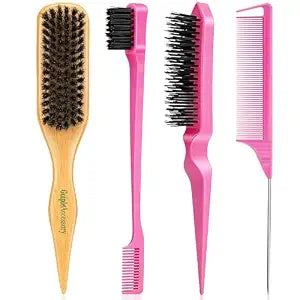 Boar Bristle Slick Back Hair Brush for Smooth Flyaways, Frizz, Sleek Ponytail, Buns and Edge Baby Hair, Teasing | Hair Comb, Edge Brush, Teasing Brush Rat Tail Comb for Girls, Kids, Women & Men