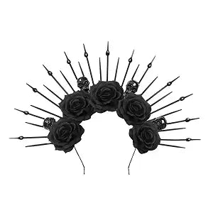 Halloween Halo Crown Gothic Black Roses Spiked Sun Headpiece Mexican Day of the Dead Flower Goddess Headband for Women Halloween Cosplay Make Up Accessories