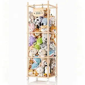 Stuffed Animal Storage, Stuffed Animals Organizer Holder Zoo, 53.54" Large Wooden Plushies Storage with Wheels, Stuffed Animal Cage for Playrooms, Bedrooms, Living Room
