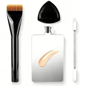 Foundation Makeup Mixing Palette Kit, 4PCS Portable Stainless Steel Cosmetic Tray with Makeup Spatula, Flat Foundation Brush, Makeup Puff, Professional Beauty Tool Set for Blending Cream Lip Gloss