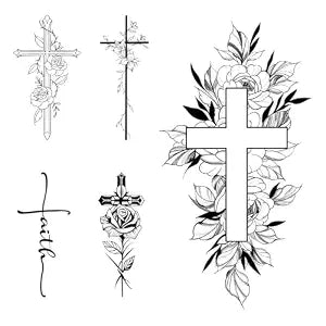 Christian Cross Temporary Tattoos Floral Script Faith Fake Tattoos