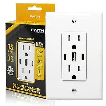 Faith 4.17 x 1.74 in. 15A White Tamper-Resistant Duplex Receptacle Outlet with USB Ports for Type C and Type A and Screwed Wall Plate UC2A1-15A6AP, Multi-Plug Wall Outlet with 6.0A USB Wall Charger
