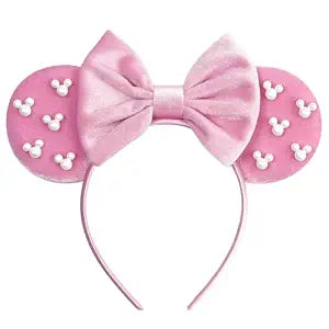 bianbaistar Pink Velvet Mouse Ears Headband, Pearl Bow & Ear Accents