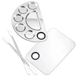 Stainless Steel Makeup Mixing Palette Set with Spatulas ï¿½ï¿½ï¿½ 2-Piece Silver Cosmetic Plate for Foundation, Nail Art & Professional Makeup (6ï