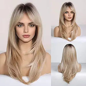 HAIRCUBE Blonde Wigs Long Curly Wigs Shoulder Length Heat Resistant Synthetic Wigs for Women with Bangs