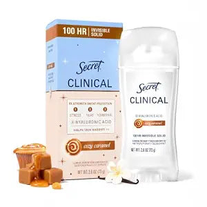 Secret Clinical Strength 100HR Sweat & Odor, Invisible Solid Antiperspirant Deodorant for Women, 3X Stress Protection with Hyaluronic Acid, PH Balancing Minerals, Cozy Caramel Scent, 2.6 oz