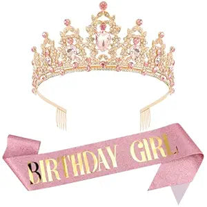 AOPRIE Birthday Headbands Sash for Women Girls Rhinestone Happy Birthday Accessories Favor Supllies Gold Pink White Yellow, 2 Pack