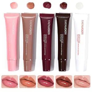 Lip Jam Hydrating Lip Gloss | Glitter Glossy Plumping Lipgloss | High Shine Glass Finish Nude Colors Shiny Jelly Liquid Lipstick for Women (5 Colors Set)