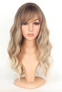 Ombre Dirty Blonde Wavy Wigs With Bangs For Women Medium Long Ash Blonde Synthetic Wigs For Daily Use （Dirty Blonde）