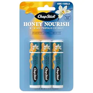 ChapStick Lip Balm Honey Nourish, Moisturizing Fomula with Shea Butter, Avocado Butter and Bee Propolis Extract, Vitamin E, Lip Care Honey Vanilla Flavor, 3CT BC .45OZ