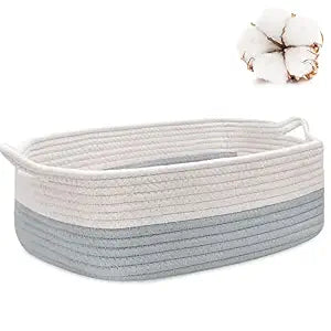 ABenkle Small Storage Basket with Handles, Cotton Rope Woven Dog Cat Toy Bin, Decorative Shelves Closet Organizing for Nursery Laundry Bedroom Bathroom, 14.2''x 11''x 5.1''