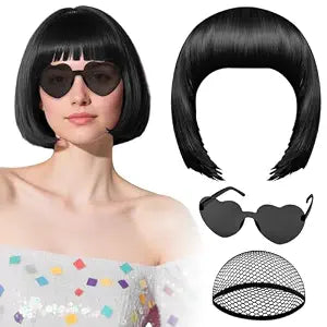 PLULON Black Bob Wig with Heart Sunglasses Hair Cap Neon Colored Party Wig