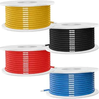 18 Gauge Wire 16.4FT PVC Electrical Stranded Tinned Copper Cable 18 AWG UL1007 (4 Colors Each 5M) Red Yellow Blue Black (OD: 2.1mm) for Electronics, DIY Projects, Automotive Wiring