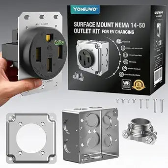 Nema 14-50 EV Outlet (Surface Mount Kit) Weather Resistant 50 Amp EV Charging Receptacle Heavy Duty,2.42" Diameter, U-Shaped Brass Clamp -Industrial Grade, 3-Pole 4-Wire Grounding, ETL Listed