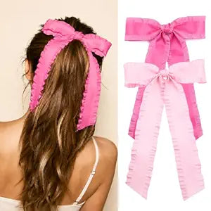 2PCS Hair Bows for Women Girls, Bow for Hair Slides Metal Clips Cute Ruffled Edge Satin Ribbon Accessories for Toddlers Teens Kids(Hot Pink,Pink)