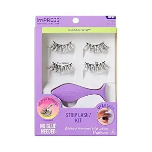 KISS imPRESS Strip Lash Kit Multipack Kit Pre-Glued Strip Lashes Kit, Classic Wispy, Black, 2 Pairs False Eyelashes